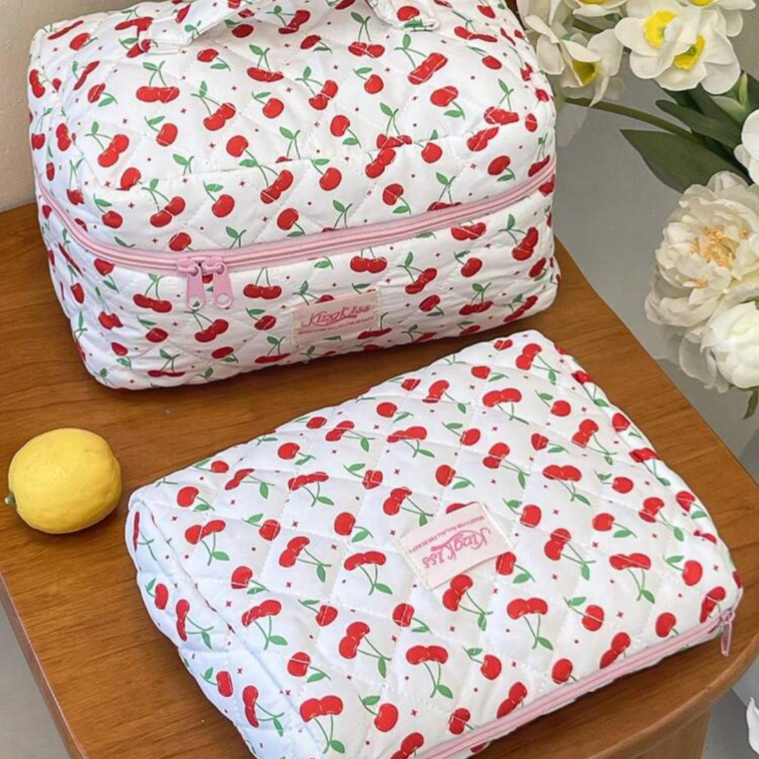 Cherry Blossom Quilted Makeup Pouch