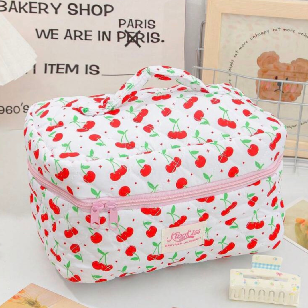Cherry Blossom Quilted Makeup Pouch